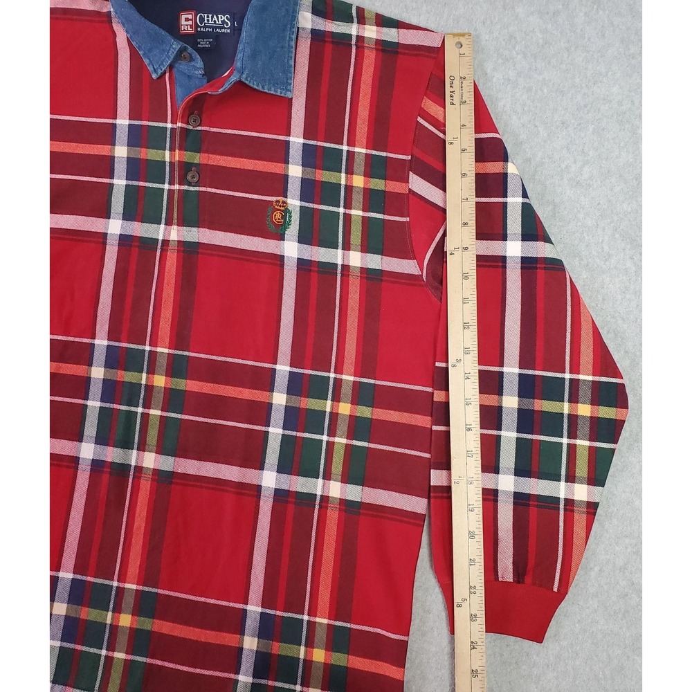Chaps Ralph Lauren Polo Shirt Mens Large Red Plaid Long Sleeve Denim Collar‎ - Picture 8 of 12